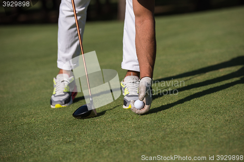 Image of golf player placing ball on tee