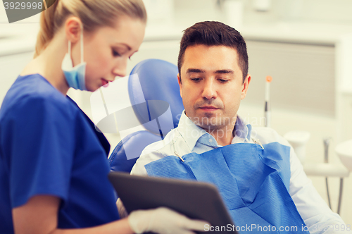 Image of female dentist with tablet pc and male patient