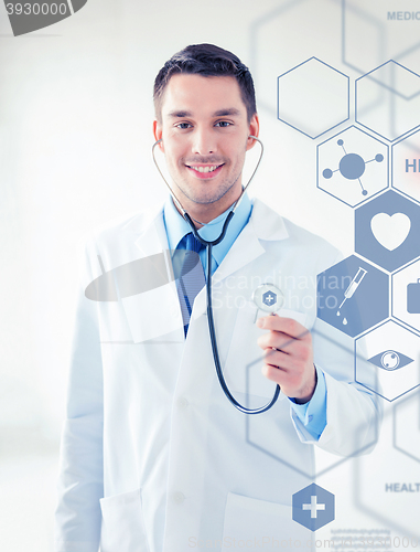 Image of doctor with stethoscope and virtual screen