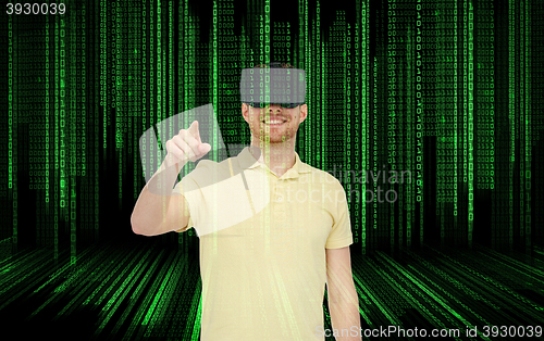 Image of happy man in virtual reality headset or 3d glasses