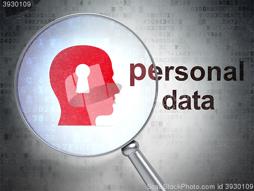Image of Data concept: Head With Keyhole and Personal Data with optical glass