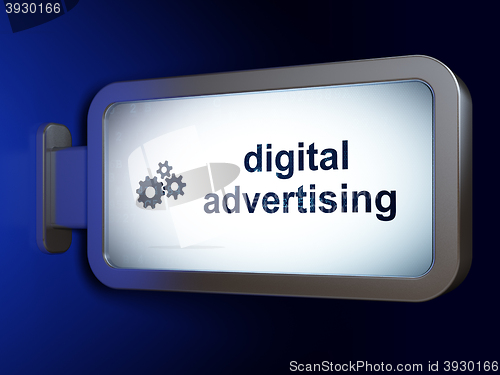 Image of Advertising concept: Digital Advertising and Gears on billboard background