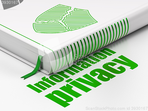 Image of Protection concept: book Broken Shield, Information Privacy on white background