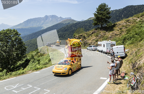 Image of Mc Cain Caravan in Pyrenees Mountains - Tour de France 2015