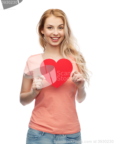 Image of happy woman or teen girl with red heart shape