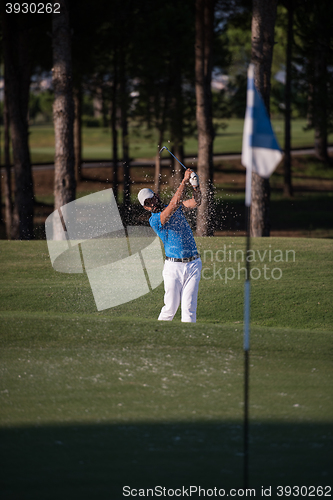 Image of pro golfer hitting a sand bunker shot