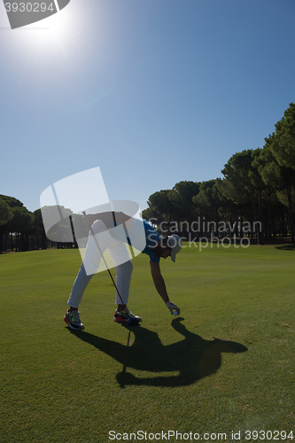 Image of golf player placing ball on tee