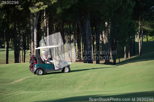 Image of couple in buggy on golf course