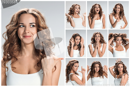 Image of Set of young woman\'s portraits with different happy emotions