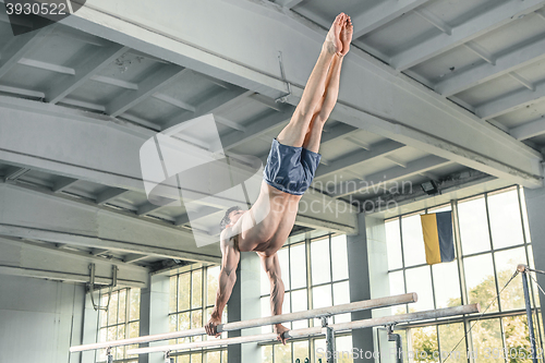 Image of Male gymnast performing handstand on parallel bars