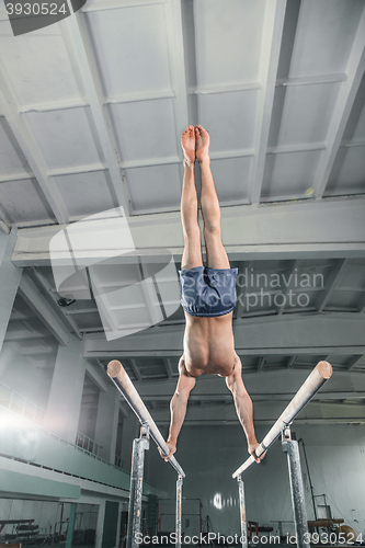 Image of Male gymnast performing handstand on parallel bars