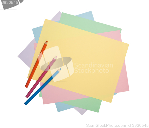 Image of Color pencils and colorful paper