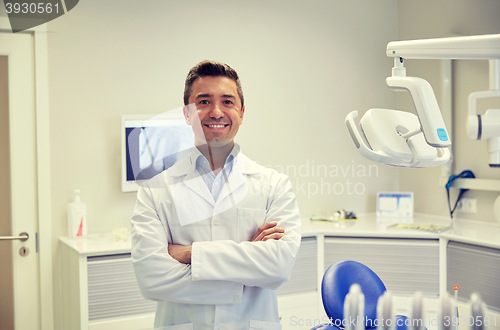 Image of happy male dentist at dental clinic office