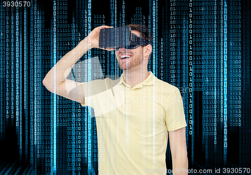 Image of happy man in virtual reality headset or 3d glasses