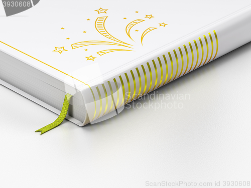 Image of Entertainment, concept: closed book, Fireworks on white background