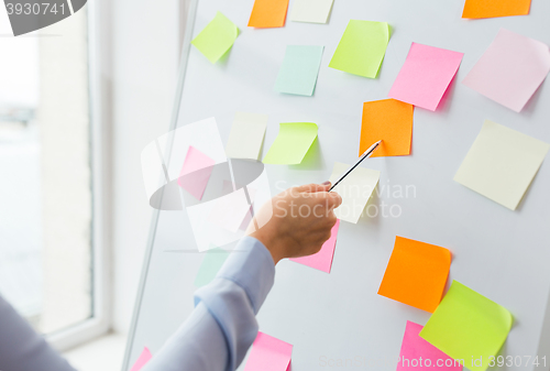 Image of close up of hand pointing to sticker on flip chart