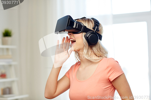 Image of woman in virtual reality headset or 3d glasses