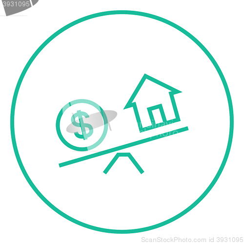 Image of House and dollar symbol on scales line icon.