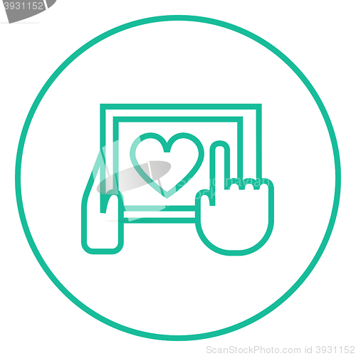 Image of Hands holding tablet with heart sign line icon.