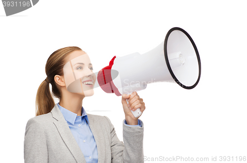 Image of smiling businesswoman with megaphone