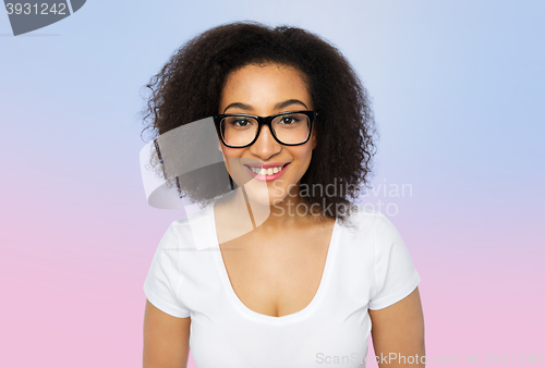 Image of happy african woman or student girl in eyeglasses