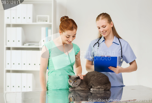 Image of happy woman with cat and doctor at vet clinic