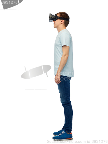 Image of happy man in virtual reality headset or 3d glasses