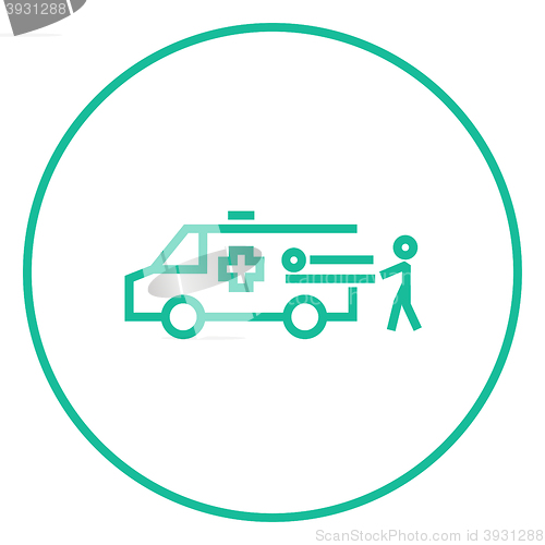 Image of Man with patient and ambulance car line icon.