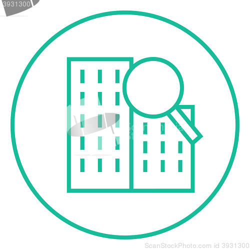 Image of Condominium and magnifying glass line icon.