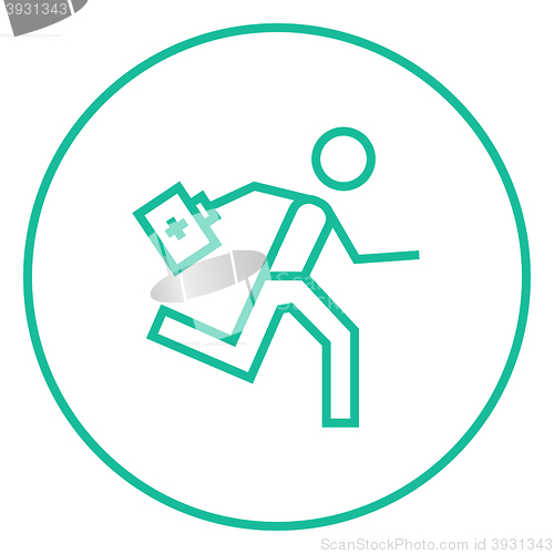 Image of Paramedic running with first aid kit line icon.