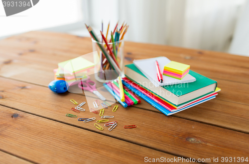 Image of close up of stationery or school supplies on table