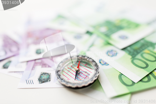 Image of close up of compass and euro money on table