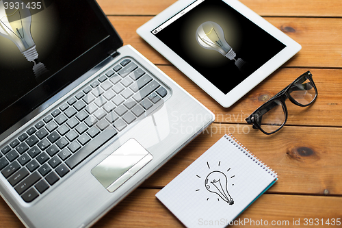 Image of close up of on laptop, tablet pc and notebook