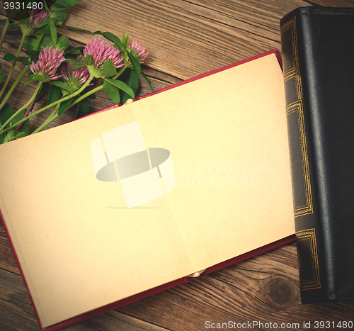 Image of Flat lay with photo album and flowers