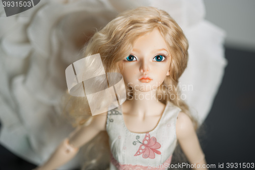 Image of beautiful doll on a background of artificial flower