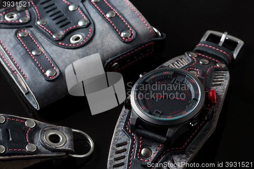 Image of accessory kit. biker watch, wallet and key ring. 