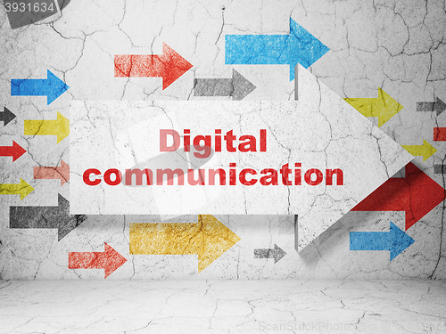 Image of Information concept: arrow with Digital Communication on grunge wall background