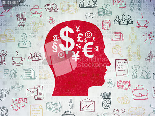Image of Finance concept: Head With Finance Symbol on Digital Data Paper background