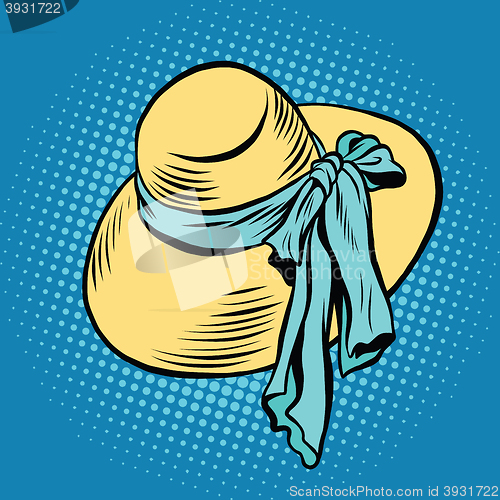 Image of Straw sun hat with blue ribbon, beachwear