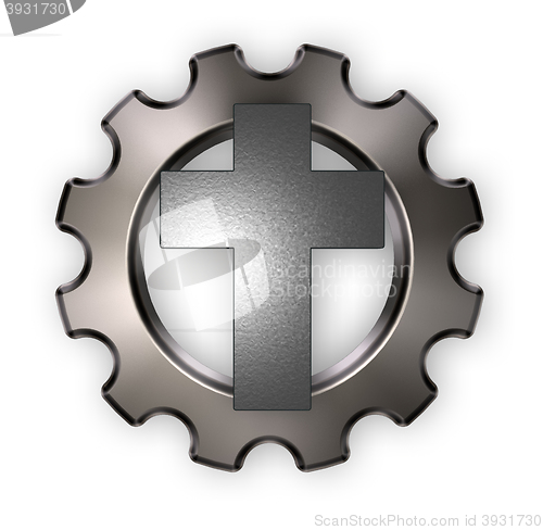 Image of christian cross and gear wheel - 3d rendering