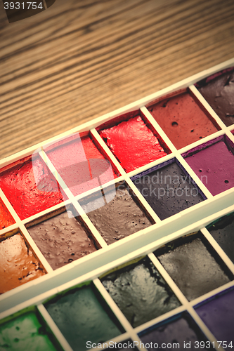 Image of watercolor paint-box. selective focus