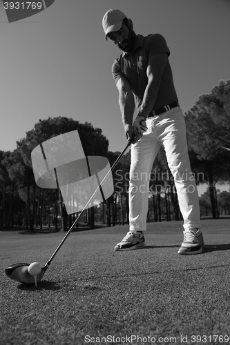 Image of golf player placing ball on tee