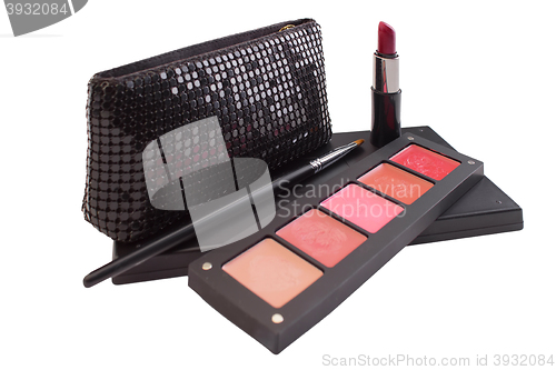 Image of Make up bag with cosmetics isolated on white