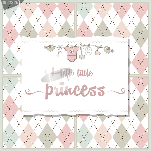 Image of shabby chic baby girl shower card, vector illustration