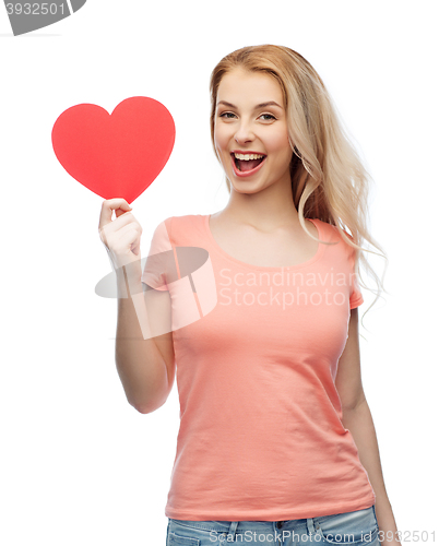 Image of happy woman or teen girl with red heart shape