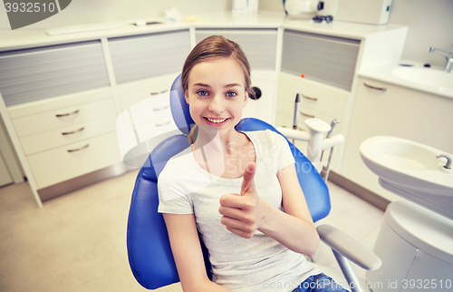 Image of happy patient girl showing thumbs up at clinic