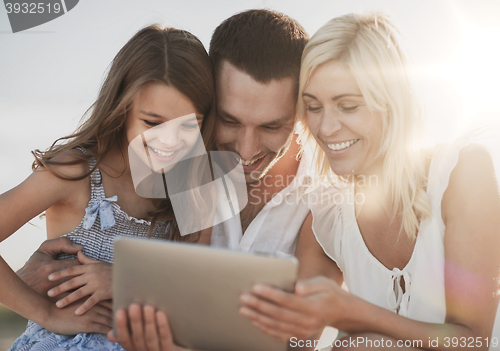 Image of happy family with tablet pc taking picture
