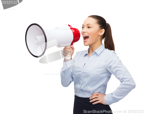 Image of screaming businesswoman with megaphone