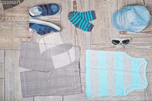 Image of Flat lay photography of boy\'s casual outfit.