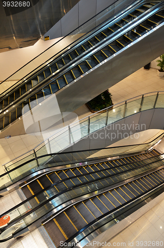 Image of Looking down at multiple escalators